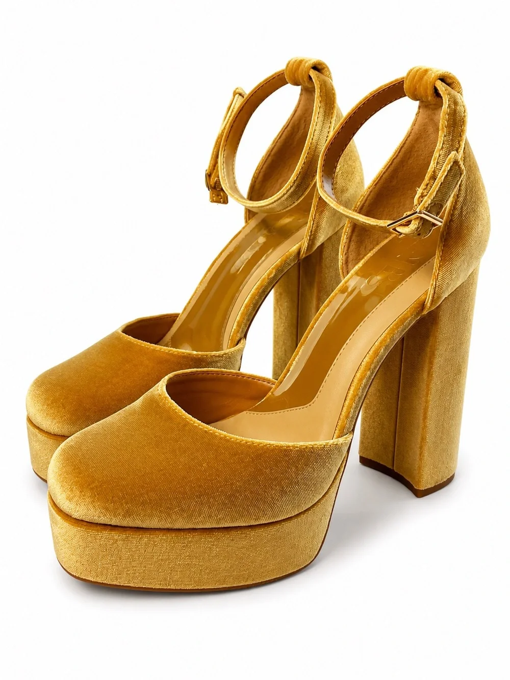 Gianni Bini Runway Gold Velvet Platform Ankle Strap Heels Size 8.5 NWOB